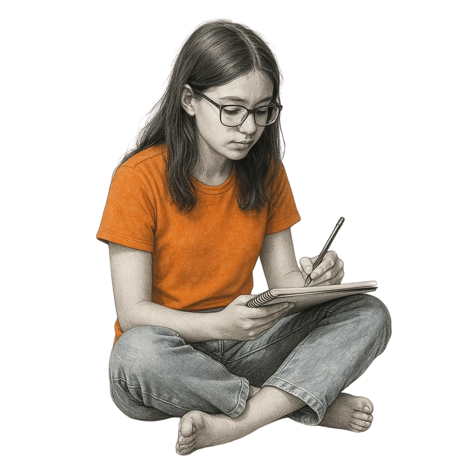 uma garota sentada no chão segurando um caderno de anotações, ela usa óculos enquanto escreve alguma coisa no papel, ela também usa uma camiseta completamente laranja sem nenhuma estampa e uma calça jeans azul claro que não é suficientemente grande para chegar até os pés, o corpo da jovem aparece inteiro da cabeça aos pés, a garota é um desenho hiper-realista feito a mão, o fundo é completamente branco sem absolutamente nenhuma cor e nenhum elemento visual