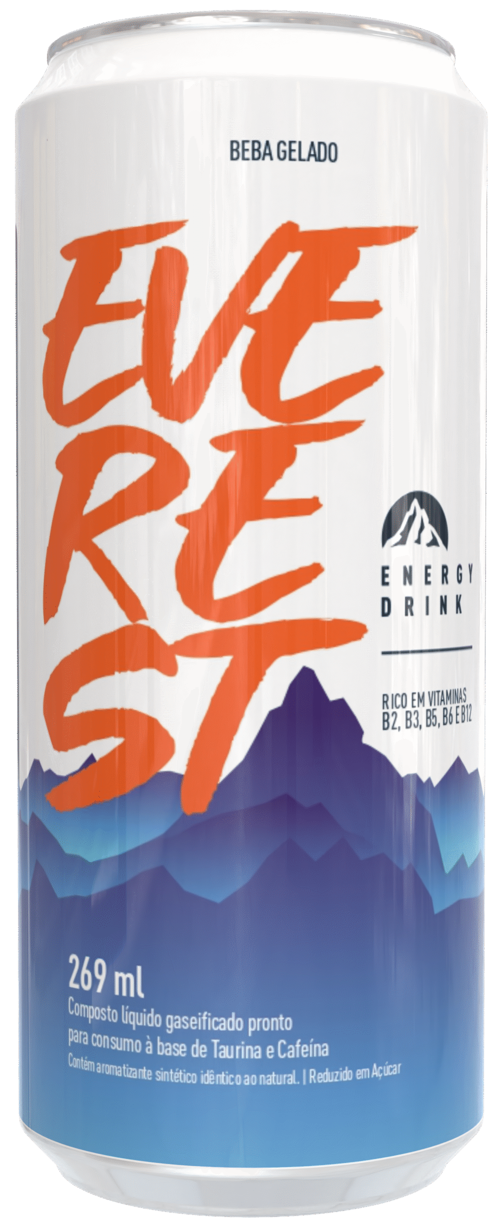 Lata do energético Everest Tradicional com design clean em branco e azul, destacando o logotipo da marca. Sabor clássico e equilibrado para quem busca energia com estilo. Embalagem de 269 ml.